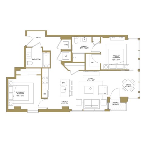 Floor plan for 2 beds, 2 baths, 1008 sqft